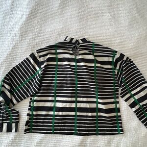 Du Paradis Zoe Cropped Striped Black and White Blouse w/Green Accents Size M NWT